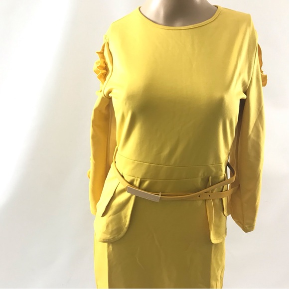 METAMORPHOSIS Girl Women’s Yellow Dress Size S Pleated Sleeve Work Career Belted - Picture 2 of 10